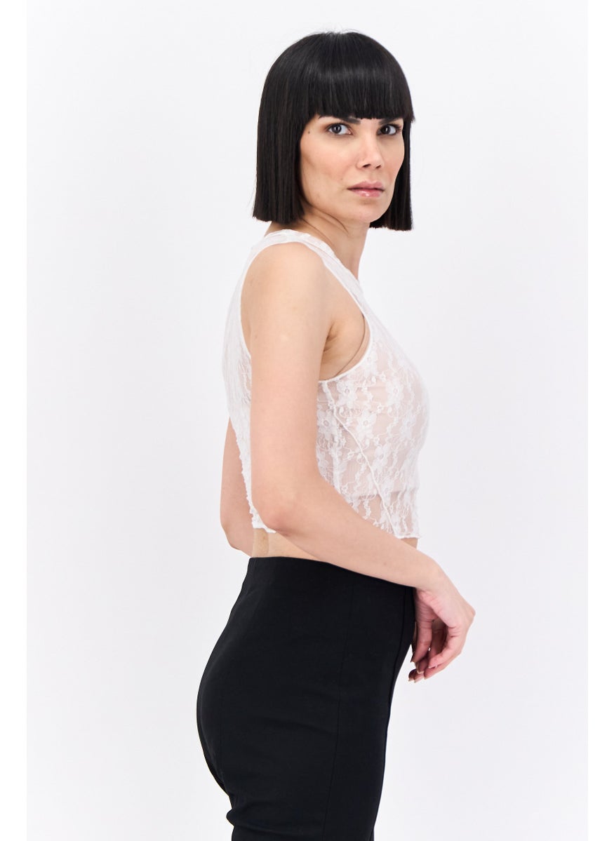 Bershka - Women Crew Neck Sleeveless Embroidered Top, White - Image 1