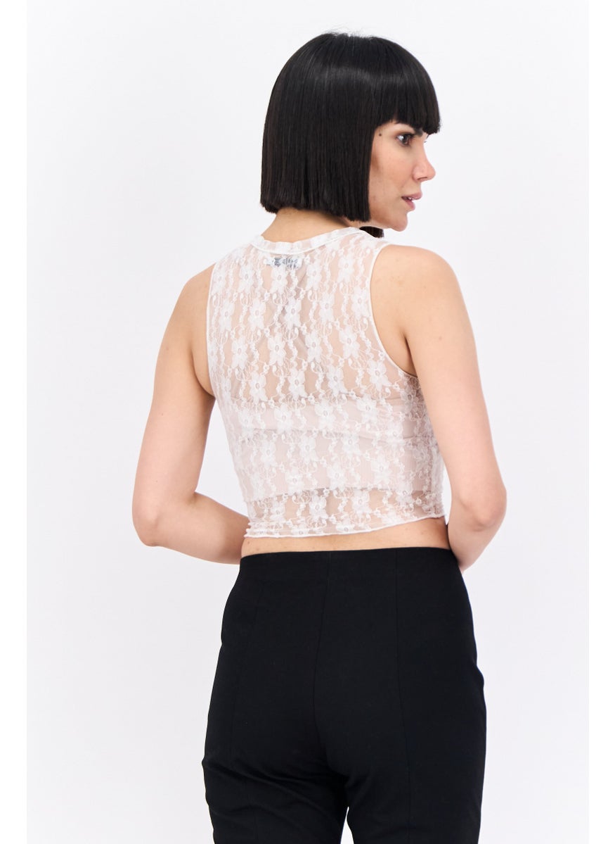 Bershka - Women Crew Neck Sleeveless Embroidered Top, White - Image 1