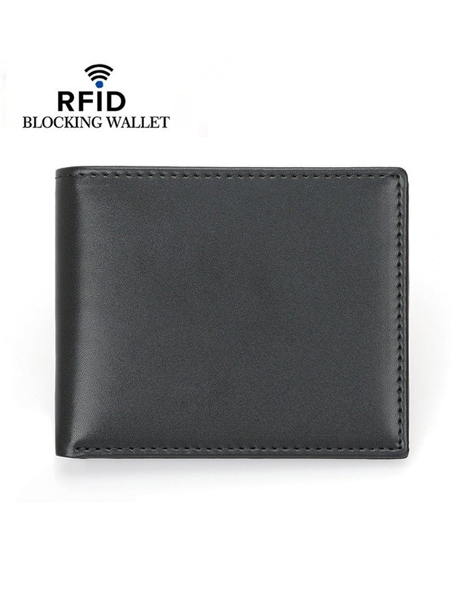 Genuine Leather Men's Wallet - RFID Blocking Short Wallet - Bifold Leather Wallet Flat Black Genuine Leather Scratch Resistant Wallet Secure Wallet  - Image 1