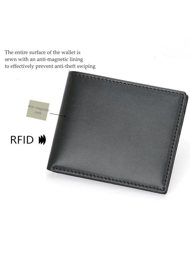 Genuine Leather Men's Wallet - RFID Blocking Short Wallet - Bifold Leather Wallet Flat Black Genuine Leather Scratch Resistant Wallet Secure Wallet  - Image 3