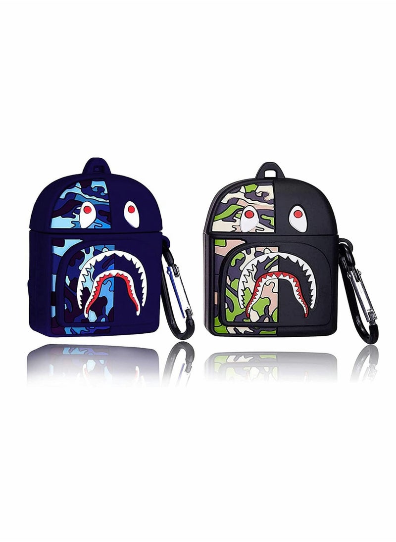 Y&D - Cases for AirPods 1 and 2, Silicone Protective Cartoon Shark Fashion Shockproof Case Cover Portable with Keychain 2 pcs - Image 1