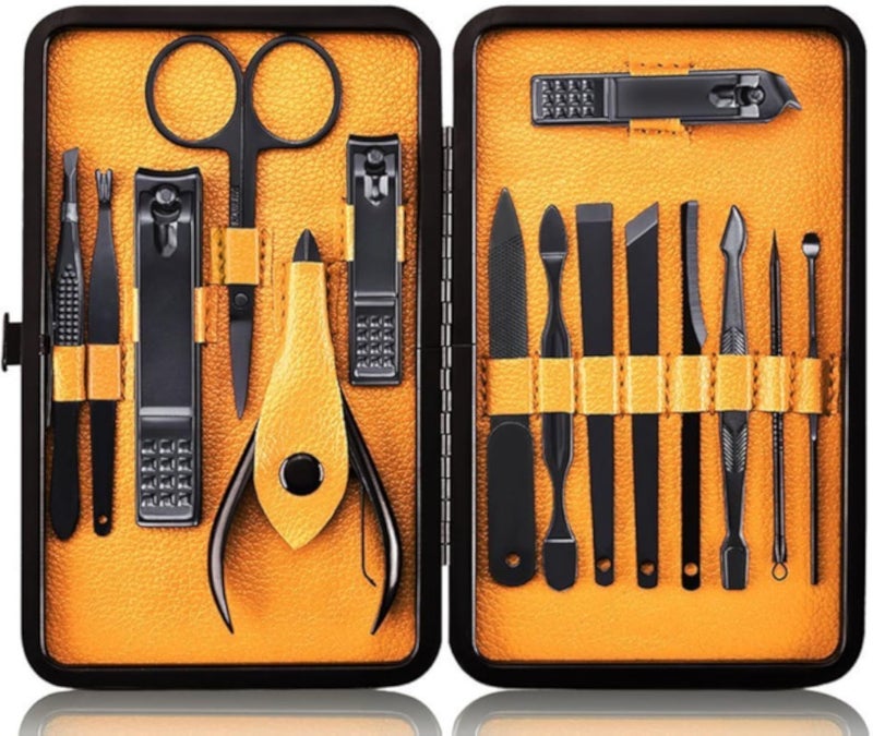 Professional Nail Clipper Set - 15pcs Stainless Steel Manicure Pedicure Kit with Case (Black/Yellow)