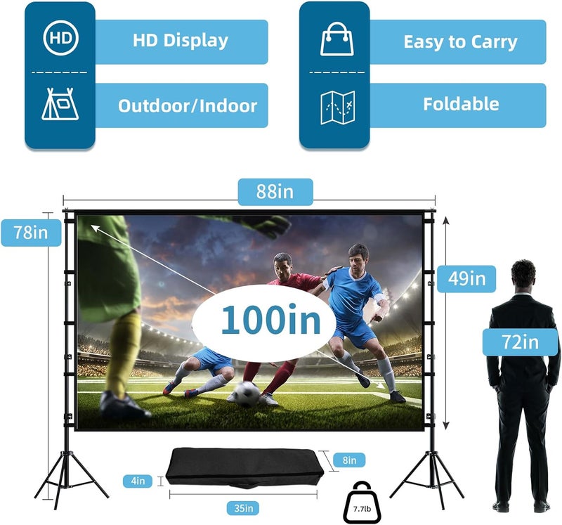 TOWOND Projector Screen and Stand, 100 inch Projection Screen Outdoor Indoor, Portable 16:9 4K HD Rear Front Movie Screen with Carry Bag Wrinkle-Free Design for Home Theater Backyard Cinema - Image 4