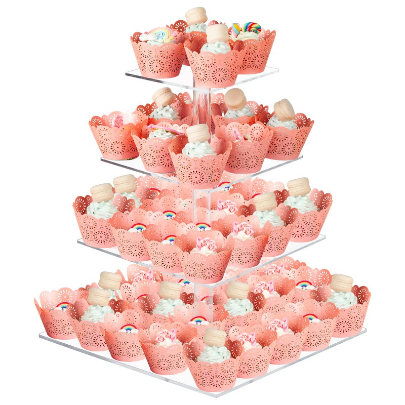 Cupcake Stand 4 Tier Square Acrylic Cupcake Display Stand Holder Clear Dessert Pastry Tower for Wedding Birthday Theme Party Baby Shower
