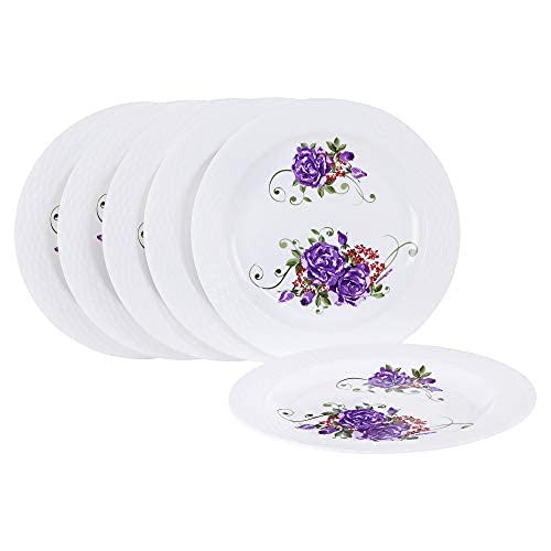 Cutting EDGE Round Colorful Set of Dinner Plates with Floral Printed Design for Families Parties Unbreakable Kid Friendly Dishwasher Safe Set of 6 Purple Rose - Image 1