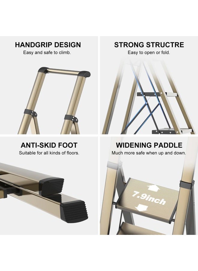 GameGem 4 Step Ladder, Folding Step Stool with Anti-Slip and Wide Pedal, Gold Ladder with Handgrip, Lightweight Aluminum Space Saving Stepladder for Home and Kitchen, 330 lbs Capacity - Image 5