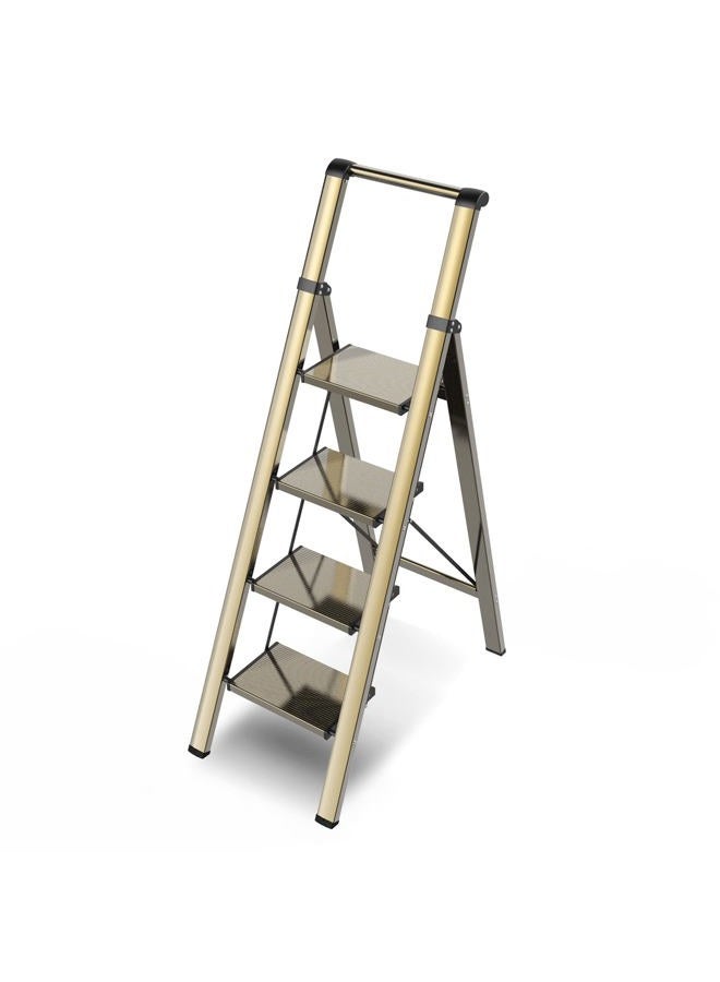 GameGem 4 Step Ladder, Folding Step Stool with Anti-Slip and Wide Pedal, Gold Ladder with Handgrip, Lightweight Aluminum Space Saving Stepladder for Home and Kitchen, 330 lbs Capacity - Image 1