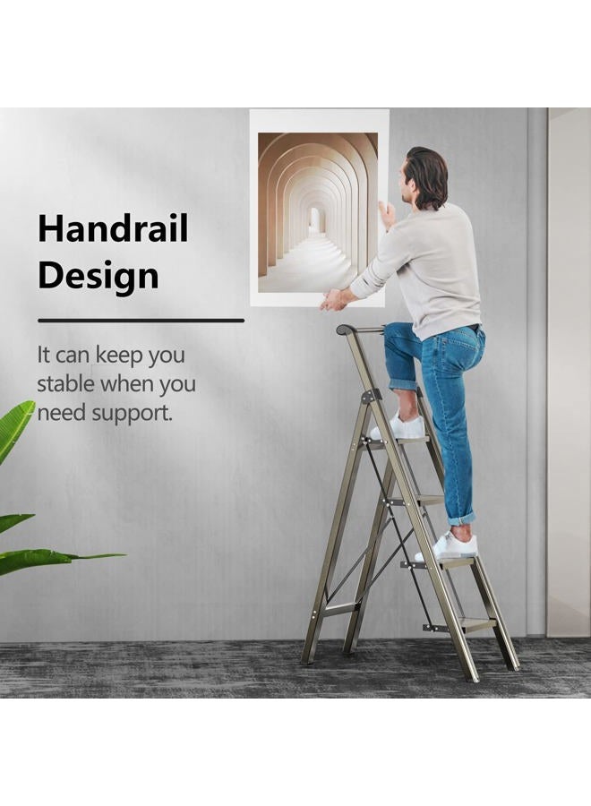 GameGem 4 Step Ladder, Folding Step Stool with Anti-Slip and Wide Pedal, Gold Ladder with Handgrip, Lightweight Aluminum Space Saving Stepladder for Home and Kitchen, 330 lbs Capacity - Image 2