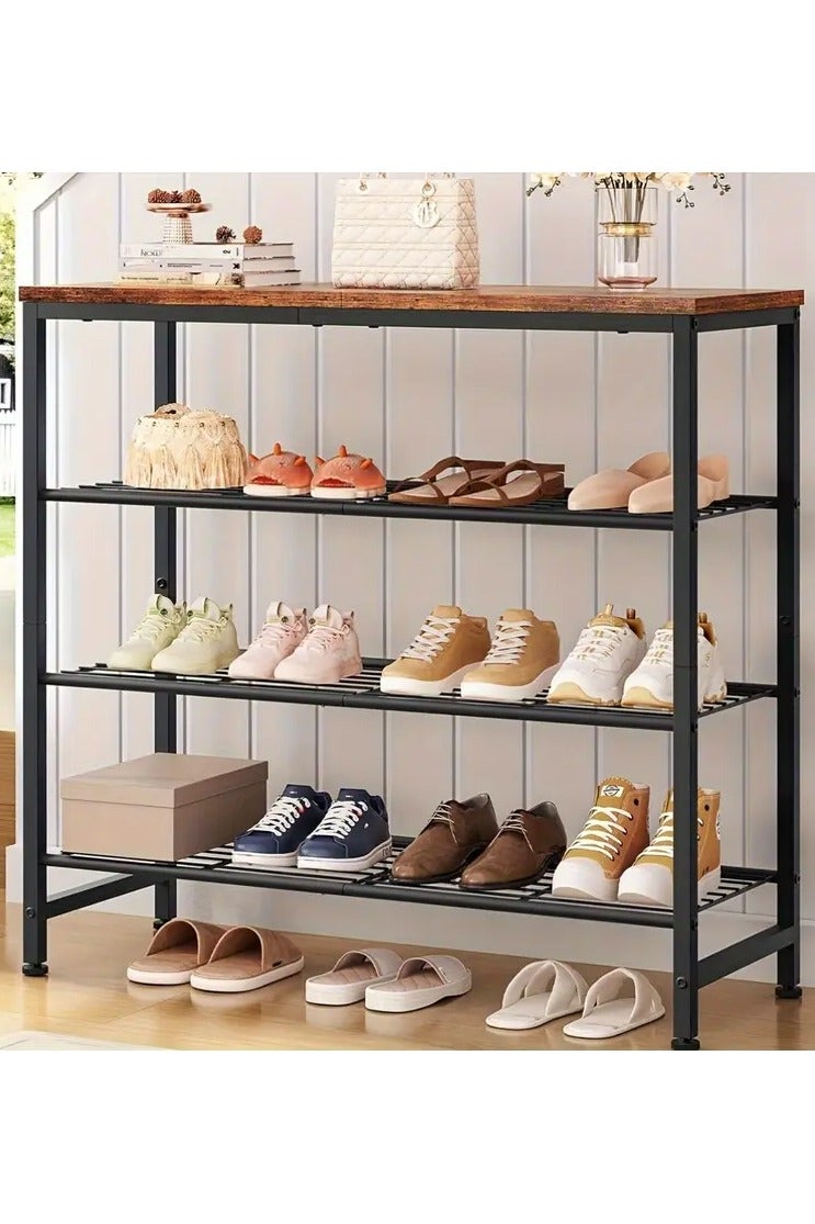Generic A shoe cabinet with a modern rustic design to organize your shoes. It consists of 4 shelves, 3 metal shelves and a wooden upper shelf. The storage space is spacious to meet the family's needs in organizing all shoes or high-neck boots. It may be an organizer for antiques or photos, for example. It is used at the entrance of the house or apartment. You can benefit from the wooden tabletop to place a tray for your keys, wallet, pocket umbrella, mail, or to place your plant, a small fish tank, an air freshener, or an incense burner. It is characterized by its modern and elegant design in wood and black metal, which gives it a distinctive appearance. It is manufactured using high-quality wood and metal materials, which makes it durable and sustainable for daily use. It is easy to install, and the table feet are adjustable to maintain balance. The table is 72 cm long, 28 cm wide, and 69 cm high. - Image 1
