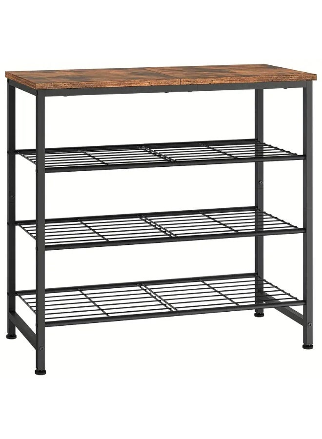 Generic A shoe cabinet with a modern rustic design to organize your shoes. It consists of 4 shelves, 3 metal shelves and a wooden upper shelf. The storage space is spacious to meet the family's needs in organizing all shoes or high-neck boots. It may be an organizer for antiques or photos, for example. It is used at the entrance of the house or apartment. You can benefit from the wooden tabletop to place a tray for your keys, wallet, pocket umbrella, mail, or to place your plant, a small fish tank, an air freshener, or an incense burner. It is characterized by its modern and elegant design in wood and black metal, which gives it a distinctive appearance. It is manufactured using high-quality wood and metal materials, which makes it durable and sustainable for daily use. It is easy to install, and the table feet are adjustable to maintain balance. The table is 72 cm long, 28 cm wide, and 69 cm high. - Image 3