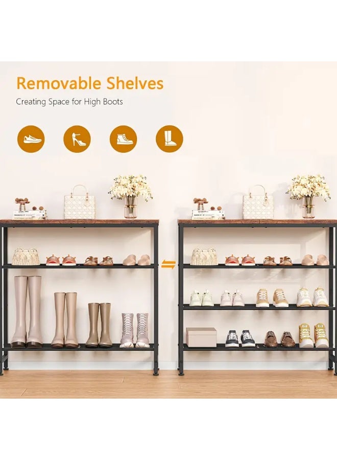 Generic A shoe cabinet with a modern rustic design to organize your shoes. It consists of 4 shelves, 3 metal shelves and a wooden upper shelf. The storage space is spacious to meet the family's needs in organizing all shoes or high-neck boots. It may be an organizer for antiques or photos, for example. It is used at the entrance of the house or apartment. You can benefit from the wooden tabletop to place a tray for your keys, wallet, pocket umbrella, mail, or to place your plant, a small fish tank, an air freshener, or an incense burner. It is characterized by its modern and elegant design in wood and black metal, which gives it a distinctive appearance. It is manufactured using high-quality wood and metal materials, which makes it durable and sustainable for daily use. It is easy to install, and the table feet are adjustable to maintain balance. The table is 72 cm long, 28 cm wide, and 69 cm high. - Image 4