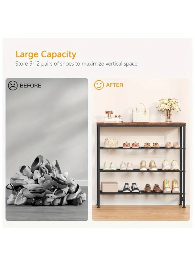 Generic A shoe cabinet with a modern rustic design to organize your shoes. It consists of 4 shelves, 3 metal shelves and a wooden upper shelf. The storage space is spacious to meet the family's needs in organizing all shoes or high-neck boots. It may be an organizer for antiques or photos, for example. It is used at the entrance of the house or apartment. You can benefit from the wooden tabletop to place a tray for your keys, wallet, pocket umbrella, mail, or to place your plant, a small fish tank, an air freshener, or an incense burner. It is characterized by its modern and elegant design in wood and black metal, which gives it a distinctive appearance. It is manufactured using high-quality wood and metal materials, which makes it durable and sustainable for daily use. It is easy to install, and the table feet are adjustable to maintain balance. The table is 72 cm long, 28 cm wide, and 69 cm high. - Image 5