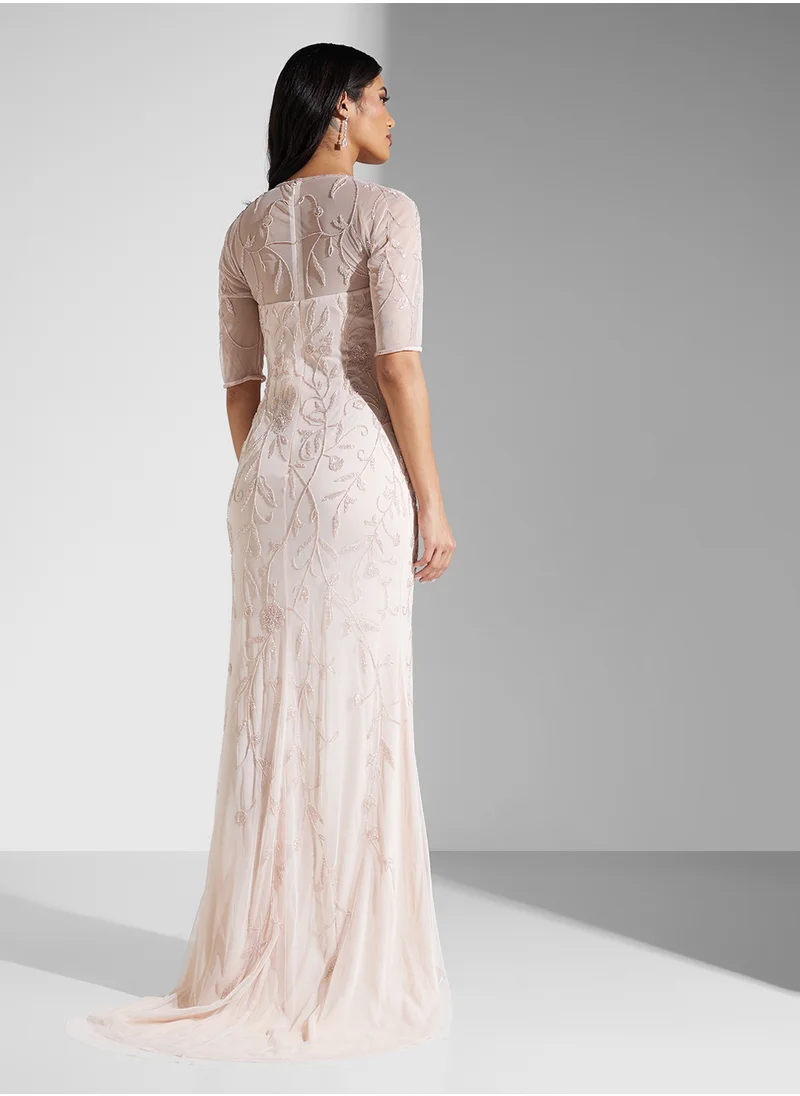 Namshi x Mesh Sleeve Sweetheart Neckline Embroidered Dress