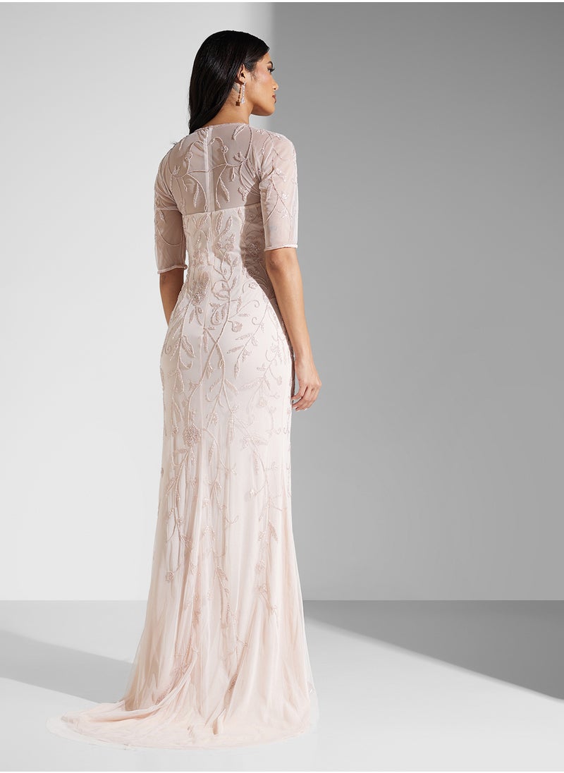 Namshi x Mesh Sleeve Sweetheart Neckline Embroidered Dress  - Image 2
