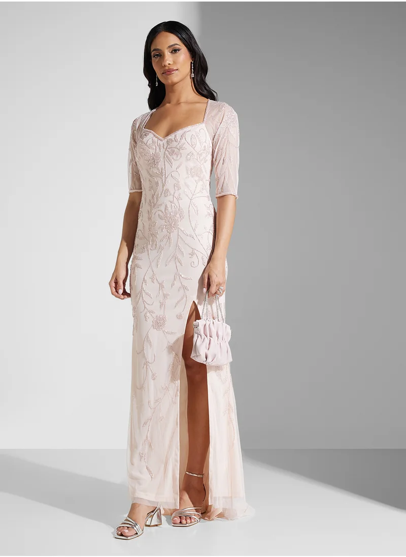 Namshi x Mesh Sleeve Sweetheart Neckline Embroidered Dress