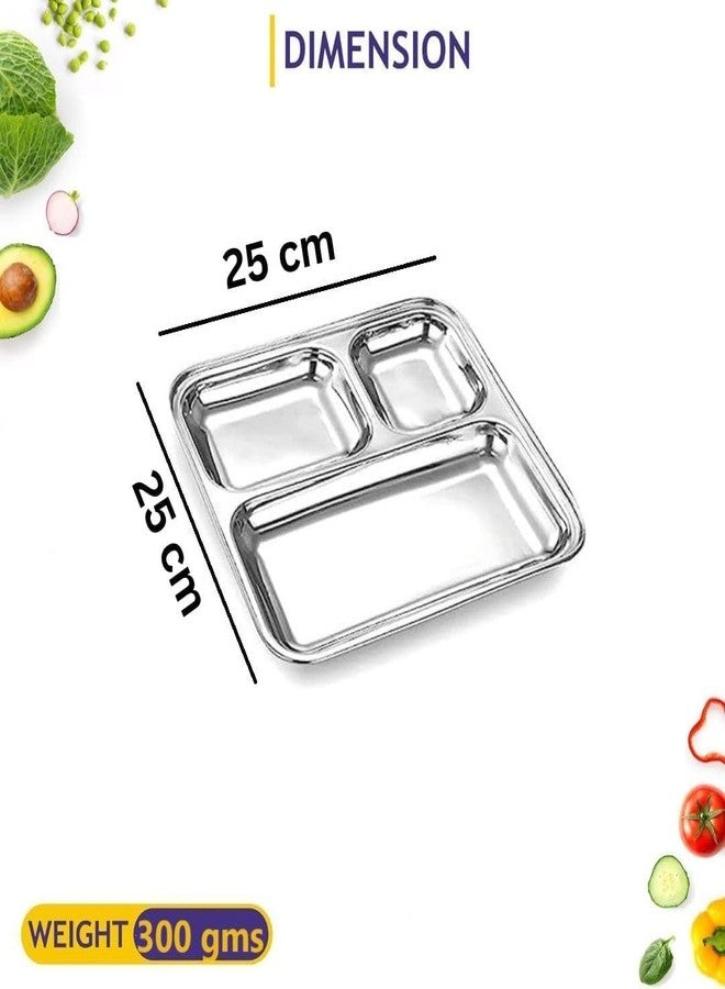 MESHIV Pack of 2 Stainless Steel Plates with 3 Extra Deep Compartments for Lunch Dinner Plate (3 in 1 Dinner Plate Set of 2 - Square) - Image 2