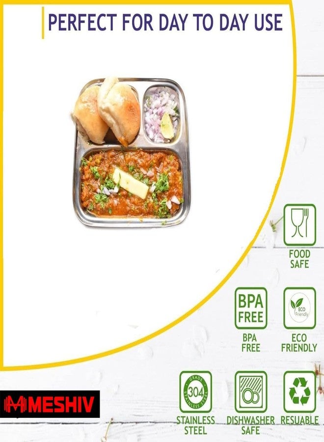 MESHIV Pack of 2 Stainless Steel Plates with 3 Extra Deep Compartments for Lunch Dinner Plate (3 in 1 Dinner Plate Set of 2 - Square) - Image 3