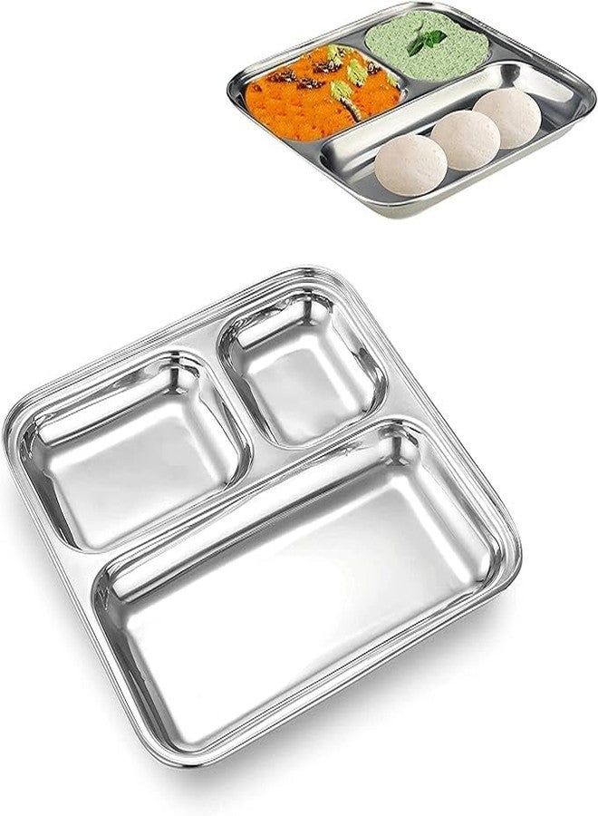 MESHIV Pack of 2 Stainless Steel Plates with 3 Extra Deep Compartments for Lunch Dinner Plate (3 in 1 Dinner Plate Set of 2 - Square) - Image 1