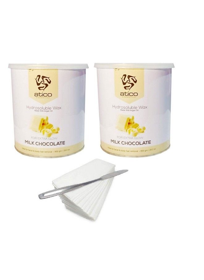 atiCO - Hair Removal Hydrosoluble Antitan Creme Wax (800 Gm) Made With Argan Oil Pack Of 2+ 60 Waxing Strips + 1 Stainless Steel Butter Knife (White Chocolate Pack Of 2 + 60 Strips + 1 Knife) - Image 1