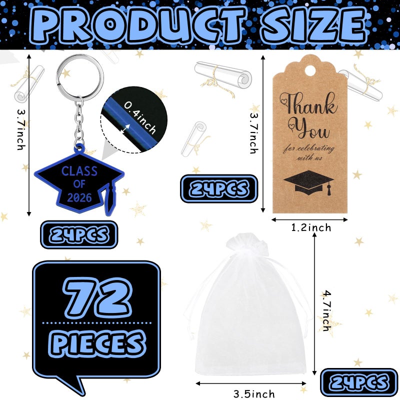 Rtteri 24 Set Graduation Party Favors 2026 Graduation Gifts Keychain Grad Keepsakes Souvenirs Key Rings for Guest Grad Cap Charms Thank You Kraft Tags for College Seniors Accessories(Black and Blue) - Image 2