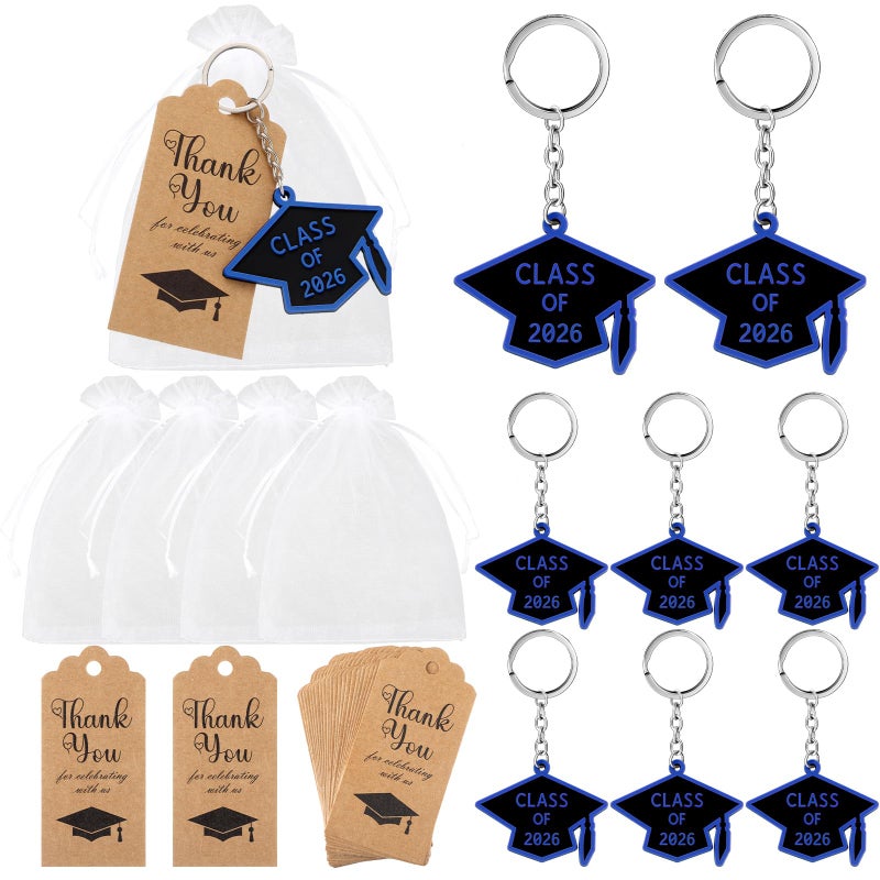 Rtteri 24 Set Graduation Party Favors 2026 Graduation Gifts Keychain Grad Keepsakes Souvenirs Key Rings for Guest Grad Cap Charms Thank You Kraft Tags for College Seniors Accessories(Black and Blue) - Image 1
