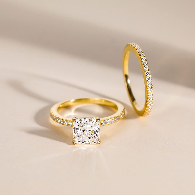 EAMTI 2.5CT 925 Sterling Silver Bridal Ring Sets 14K Gold Plated Princess Cut CZ Engagement Rings Promise Rings for Her Wedding Bands for Women Size 7 - Image 3
