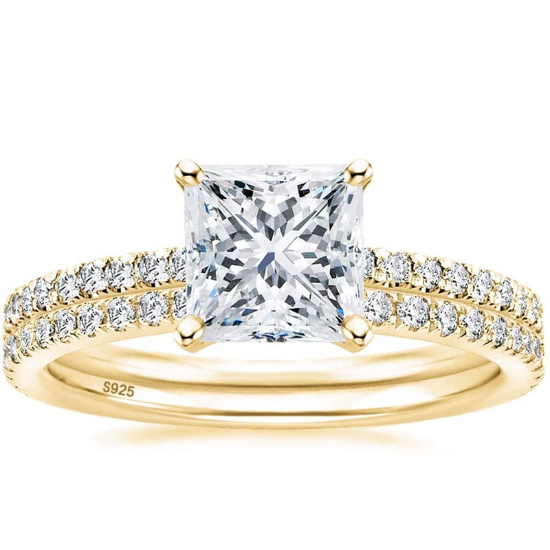EAMTI 2.5CT 925 Sterling Silver Bridal Ring Sets 14K Gold Plated Princess Cut CZ Engagement Rings Promise Rings for Her Wedding Bands for Women Size 7 - Image 1