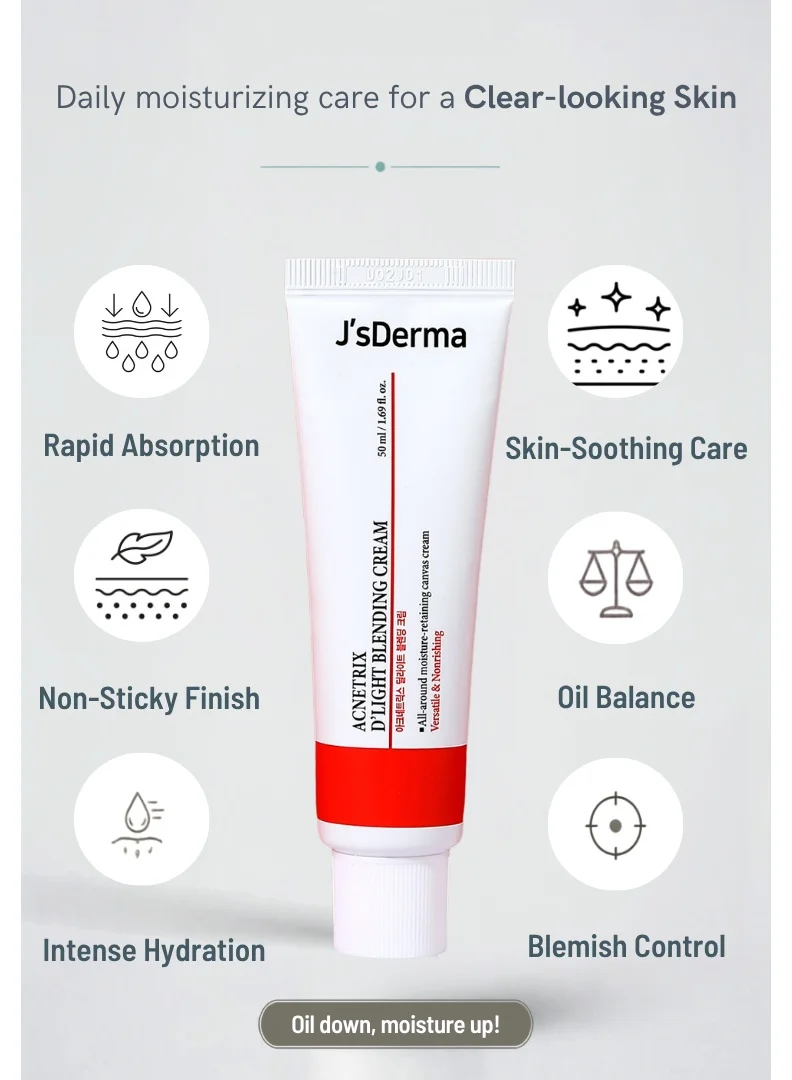 J'sderma Daily Moisturizing cream I moisturizer for face I acne prone skin I blemish control, soothing & hydrating with Niacinamide and Tea Tree oil I Korean Skin Care for All Skin Types I both women and men- Acnetrix D’Light Blending Cream 50ml