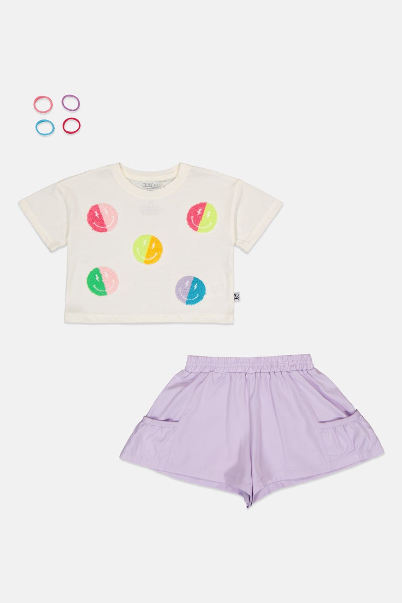 Kidzpro Toddlers Girl 3 Pieces Embroidered T-Shirt And Shorts With Ponytail Set, Multicolor - Image 2
