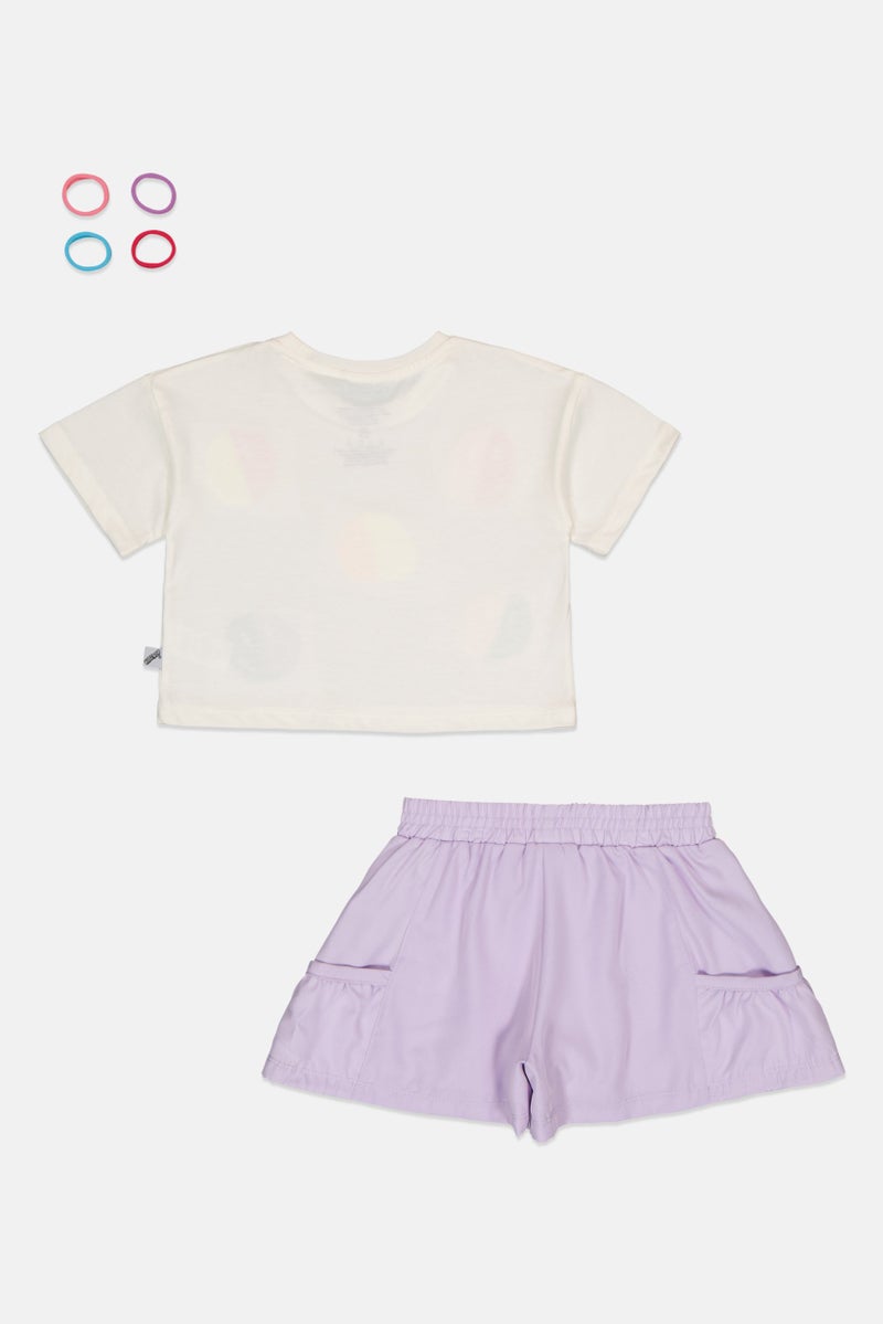 Kidzpro Toddlers Girl 3 Pieces Embroidered T-Shirt And Shorts With Ponytail Set, Multicolor - Image 3