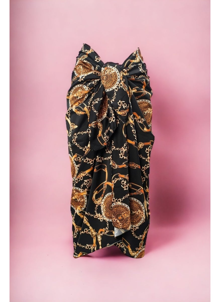 Pistore Black Chain and Belt Patterned Long Pareo Satin Women's Beach Dress New Season  - Image 2