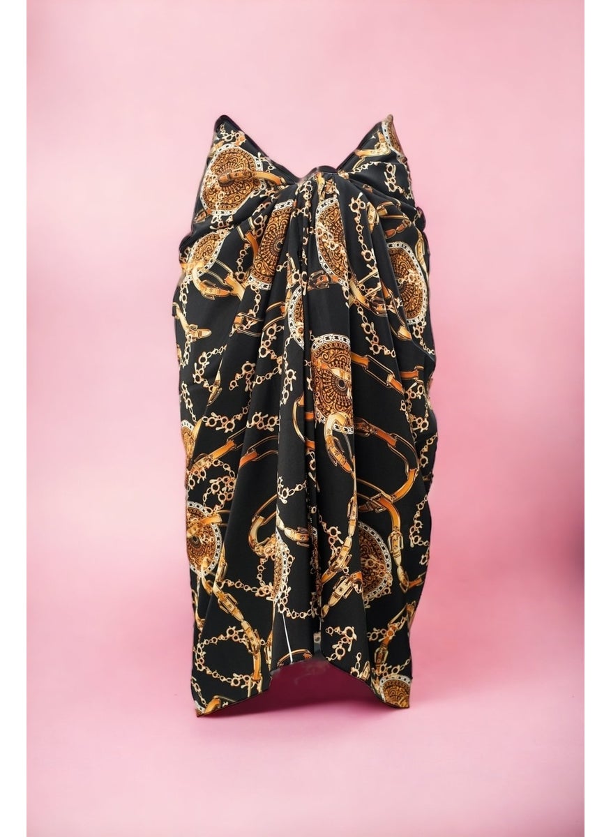 Pistore Black Chain and Belt Patterned Long Pareo Satin Women's Beach Dress New Season  - Image 3