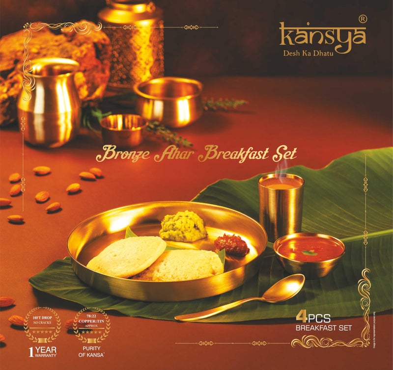 KANSYA 78:22 Pure Bronze Mini Breakfast Set of 4 – Strong and Stylish Bronze Dinnerware. Improves Taste, Helps Digestion, and Boosts Health. Perfect for Everyday Meals or as a Thoughtful Gift - Image 2