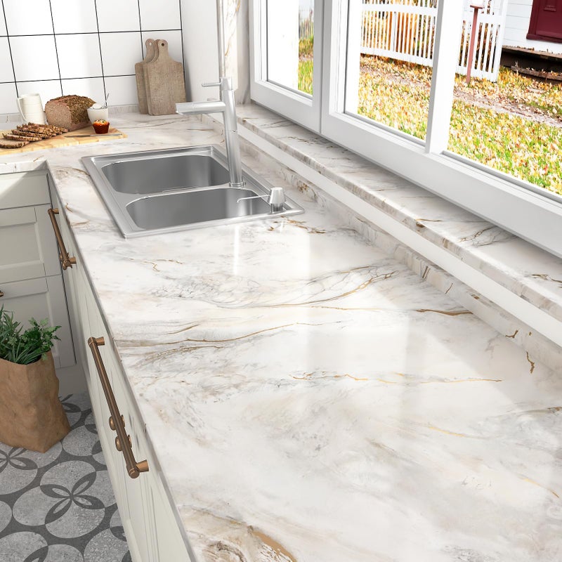 Wallercity BeigeGold Glossy Marble Contact Paper for Countertops Peel and Stick Marble Wallpaper Bathroom Kitchen Vinyl Waterproof Shiny Granite Wall Paper for Cabinet Countertop Table Top 24x118 - Image 2