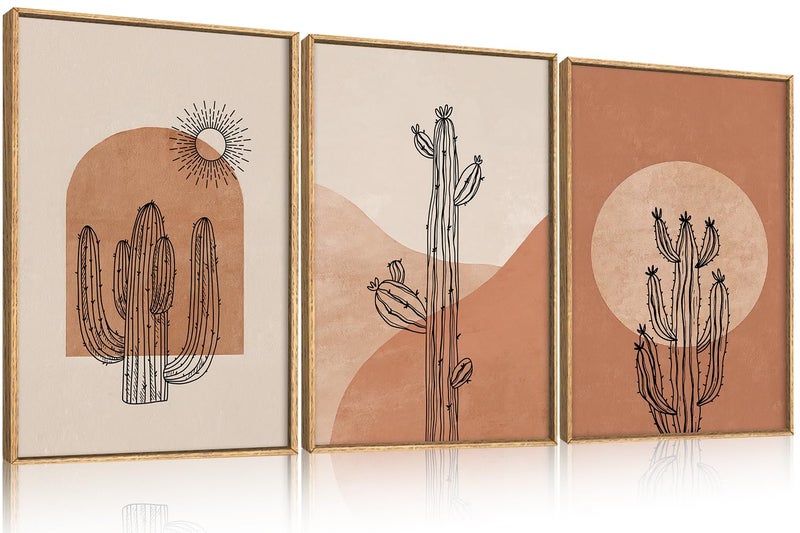 Ausril Boho Minimalist Cactus Framed Canvas Wall Art Set, Mid Century Saguaro Wall Decor, Abstract Geometric Desert Wall Painting, Beige Brown Plant Art Prints for Living Room, Bedroom, Office 16"X24"X3 - Image 1