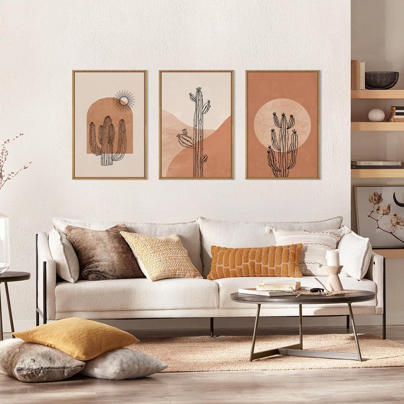 Ausril Boho Minimalist Cactus Framed Canvas Wall Art Set, Mid Century Saguaro Wall Decor, Abstract Geometric Desert Wall Painting, Beige Brown Plant Art Prints for Living Room, Bedroom, Office 16"X24"X3 - Image 2