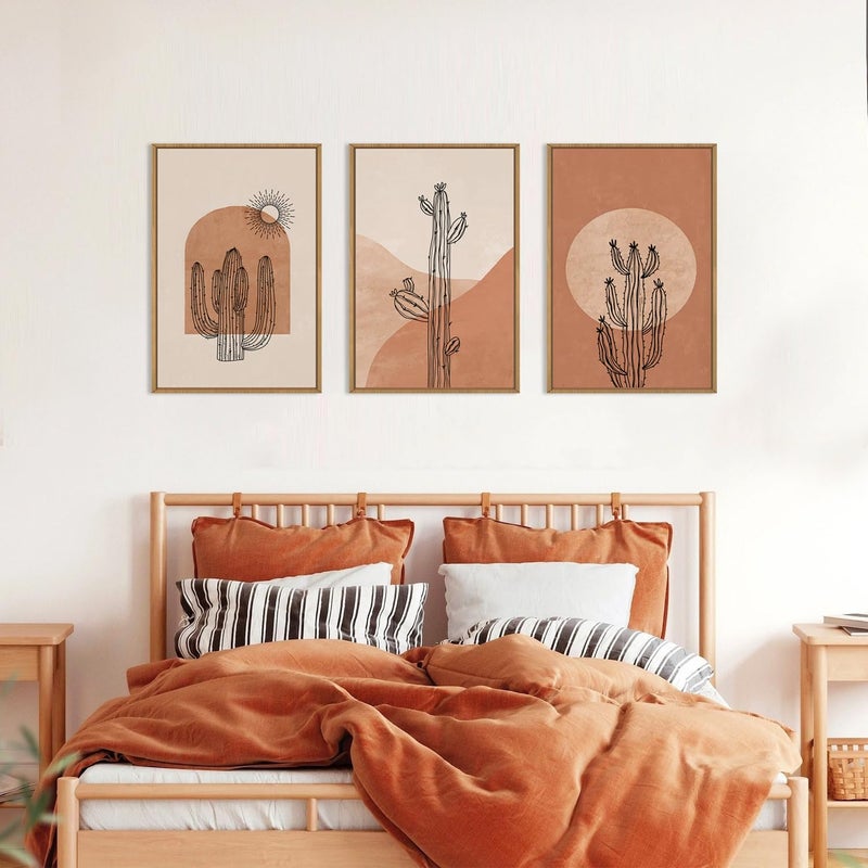 Ausril Boho Minimalist Cactus Framed Canvas Wall Art Set, Mid Century Saguaro Wall Decor, Abstract Geometric Desert Wall Painting, Beige Brown Plant Art Prints for Living Room, Bedroom, Office 16"X24"X3 - Image 3