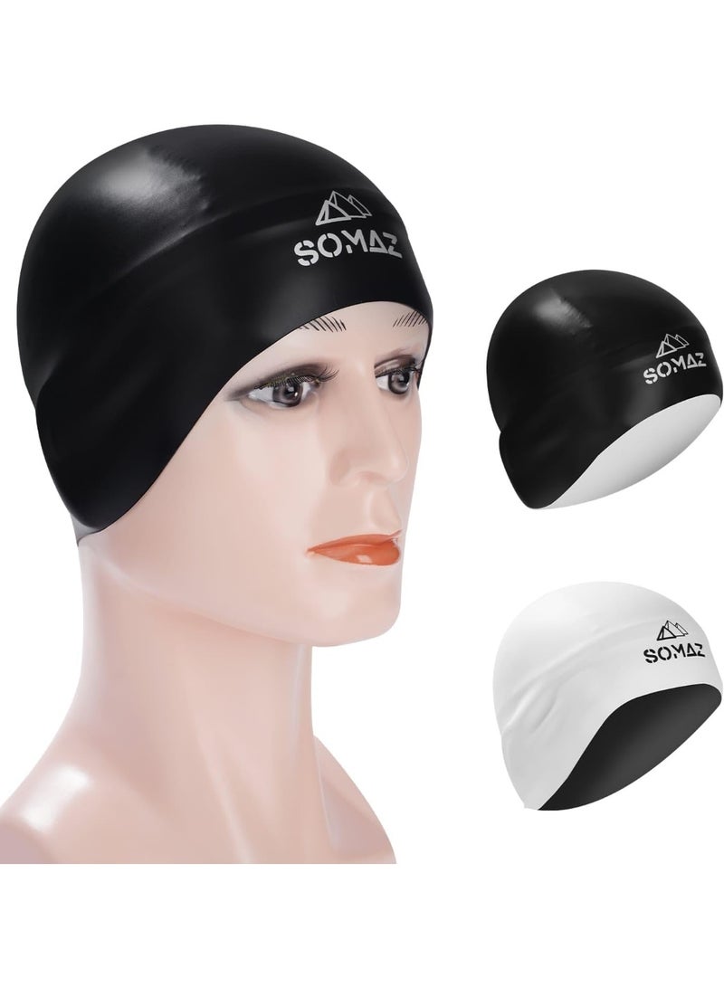 Generic SOMAZ Reversible Unisex Silicone Swimming Cap for Adults, Black and White, Premium 3D Ergonomic Fit - Image 1