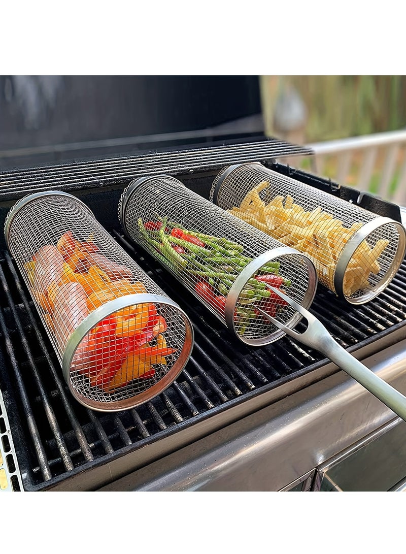 قفص شواء من الفولاذ المقاوم للصدأ بمقبض خشبي - قفص مدخنة دائري دوار للشواء للطهي في الهواء الطلق، تصميم أسطوانة محمولة، يحسن كفاءة التسخين المسبق للشواية - Image 1