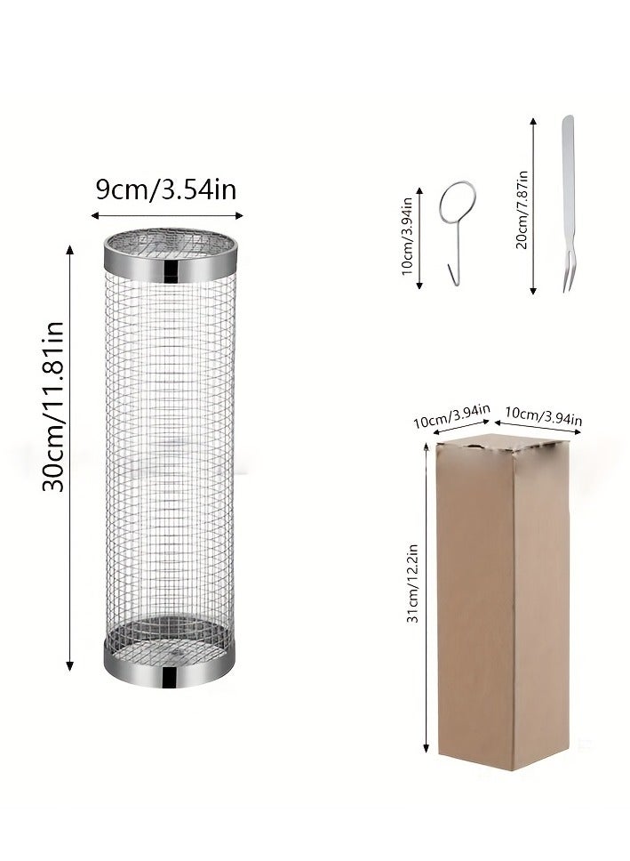 قفص شواء من الفولاذ المقاوم للصدأ بمقبض خشبي - قفص مدخنة دائري دوار للشواء للطهي في الهواء الطلق، تصميم أسطوانة محمولة، يحسن كفاءة التسخين المسبق للشواية - Image 3