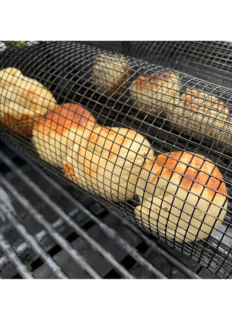 قفص شواء من الفولاذ المقاوم للصدأ بمقبض خشبي - قفص مدخنة دائري دوار للشواء للطهي في الهواء الطلق، تصميم أسطوانة محمولة، يحسن كفاءة التسخين المسبق للشواية - Image 4