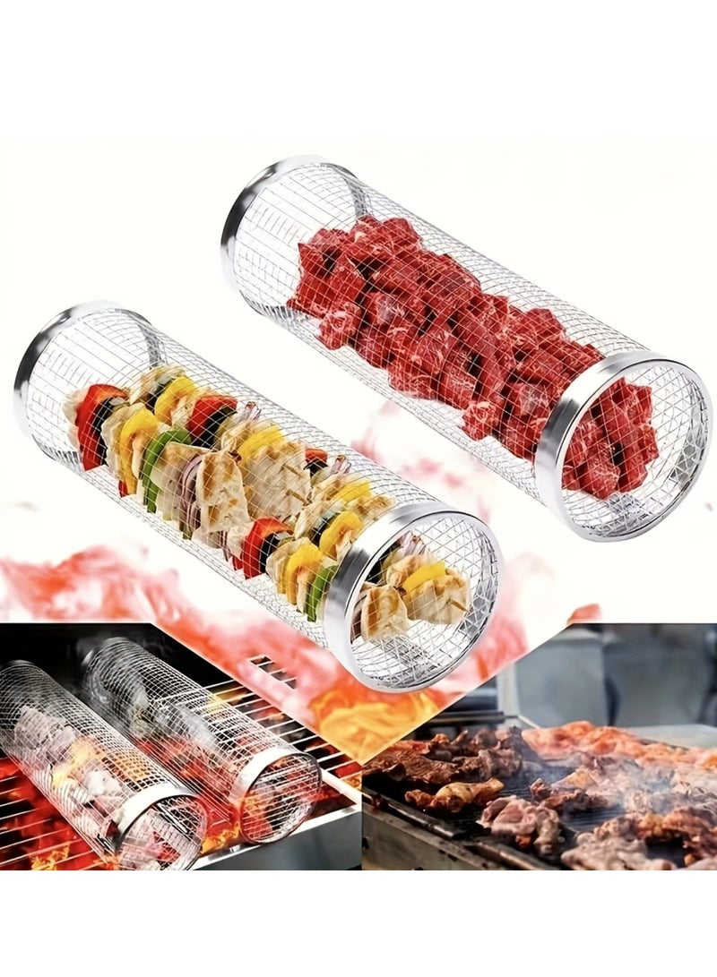 قفص شواء من الفولاذ المقاوم للصدأ بمقبض خشبي - قفص مدخنة دائري دوار للشواء للطهي في الهواء الطلق، تصميم أسطوانة محمولة، يحسن كفاءة التسخين المسبق للشواية - Image 5