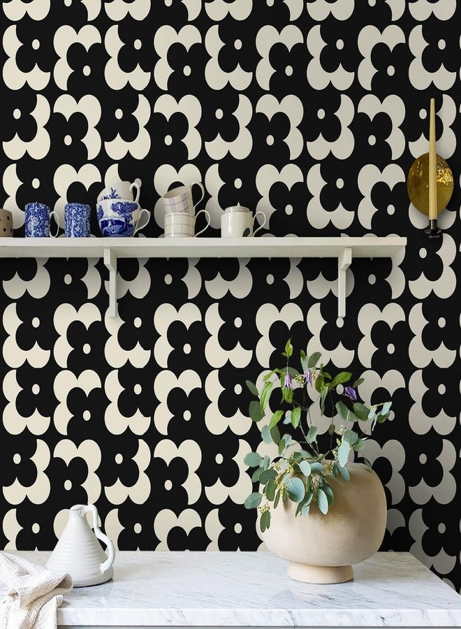 Ismoon Geometric Peel and Stick Wallpaper Boho Black and Beige Contact Paper 118"x17.3" Vintage Floral Wallpaper Removable Self-Adhesive Wall Paper Waterproof for Bathroom Wall Decor Vinyl - Image 3