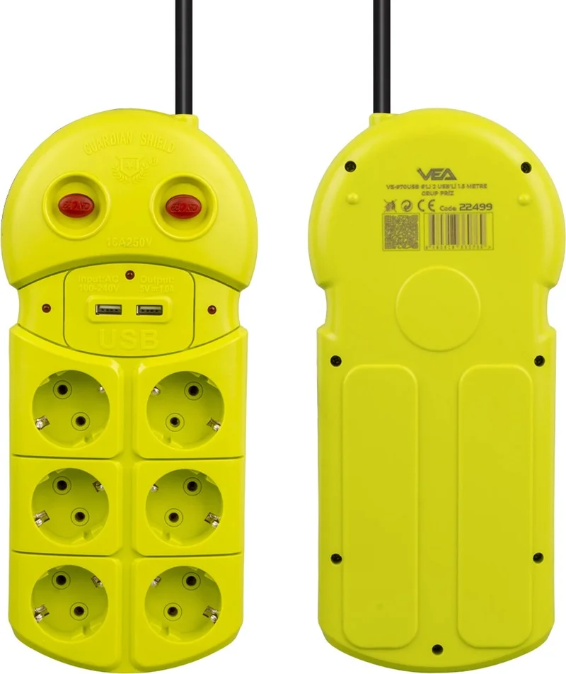 AYT Vea VE-970USB 6-Piece 2 USB Li 1.5 Meter Group Socket Extension Cable 3680 Watt 16 Ampere with Fast Charging Feature