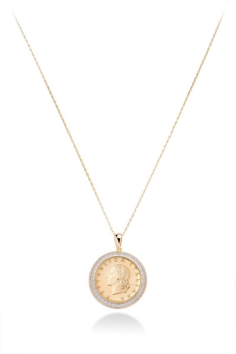 Miabella 18K Gold Plated 925 Sterling Silver Diamond Accent Genuine Italian 20 Lira Coin Medallion 18 Inch Chain Pendant Necklace for Women (yellow gold plated silver) - Image 3