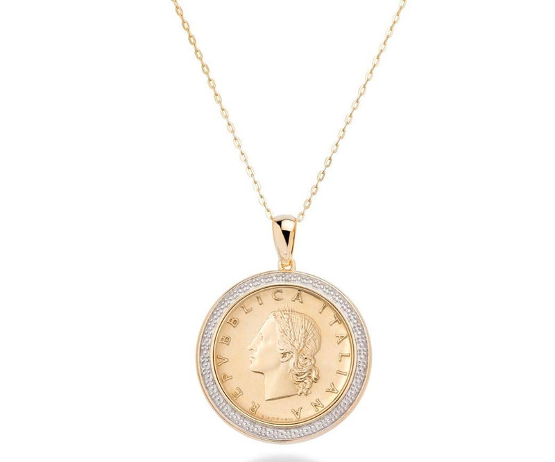 Miabella 18K Gold Plated 925 Sterling Silver Diamond Accent Genuine Italian 20 Lira Coin Medallion 18 Inch Chain Pendant Necklace for Women (yellow gold plated silver) - Image 1