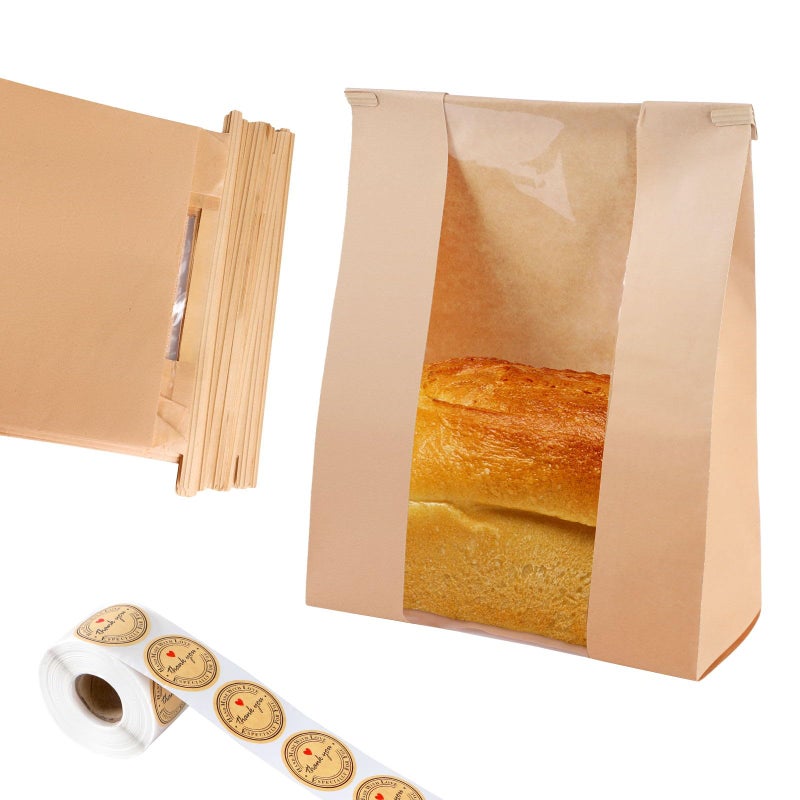 Dualshine 100 Pcs Bread Bags for Homemade Bread Sourdough Bags Paper Kraft with Window 14 x 83 x 35 with Tin Strip and 500 Pcs Seal Stickers for Cookies Coffee Beans and Bakery