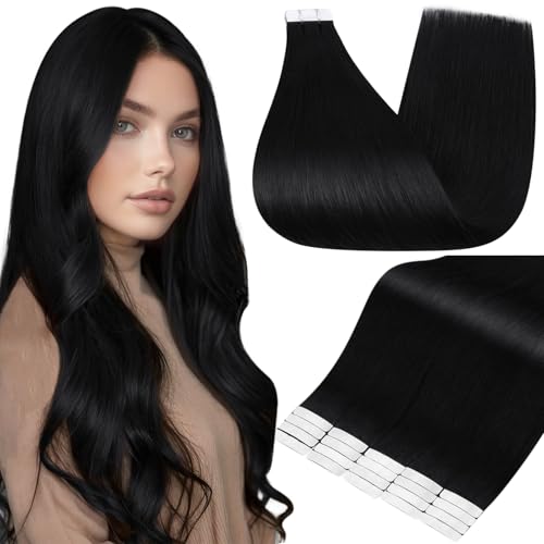 Full Shine Black Tape in Extensions Real Human Hair 24 Inch Color 1 Jet Black Invisible Natural Soft Human Hair Tape in Extensions 20 Pieces 50grams Seamless Skin Weft Remy Extensions Add Length