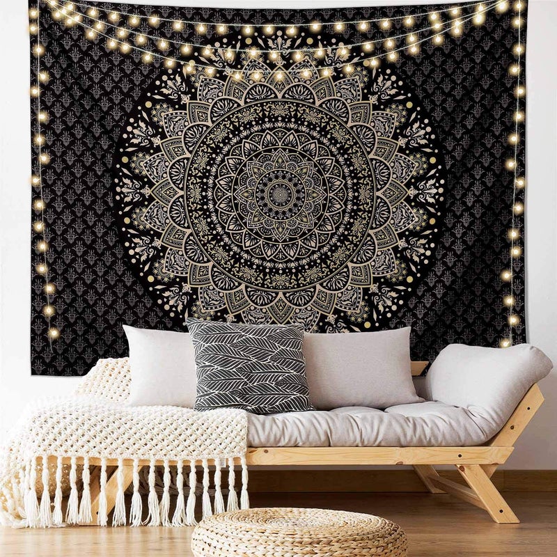 Edeesky Black Golden Mandala Tapestry Wall Hanging Psychedelic Medallion Wall Tapestry Aesthetic Indian Hippie Decor Bohemian Art Boho Home Decoration for Bedroom,Living Room,Dorm - Image 1