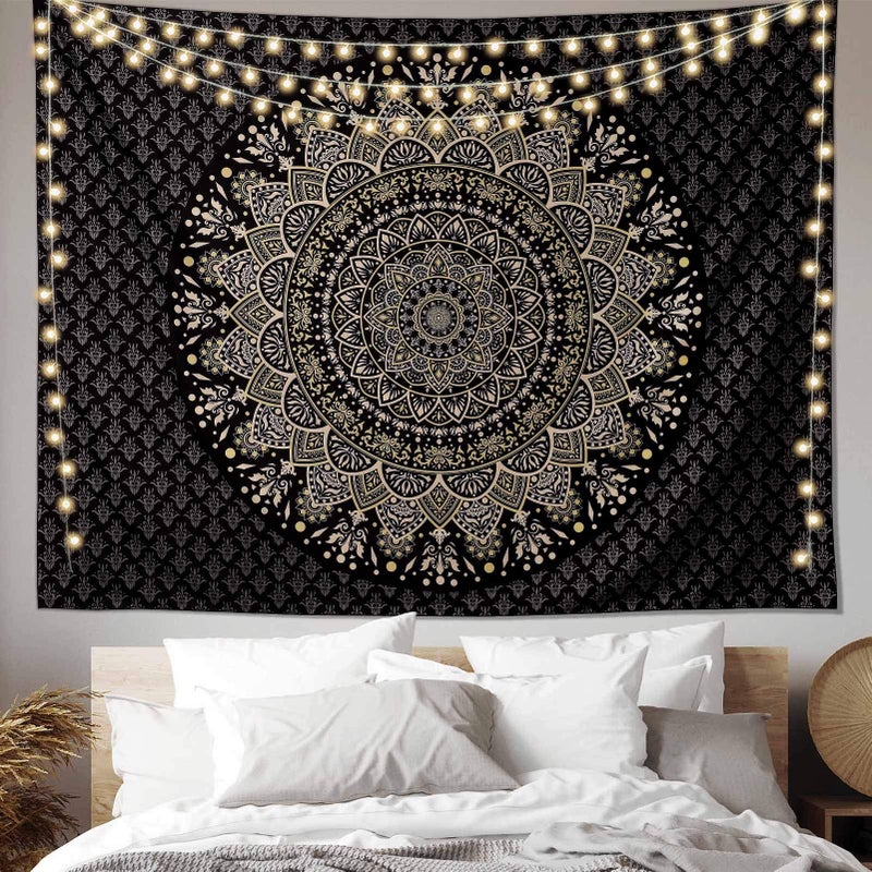 Edeesky Black Golden Mandala Tapestry Wall Hanging Psychedelic Medallion Wall Tapestry Aesthetic Indian Hippie Decor Bohemian Art Boho Home Decoration for Bedroom,Living Room,Dorm - Image 2